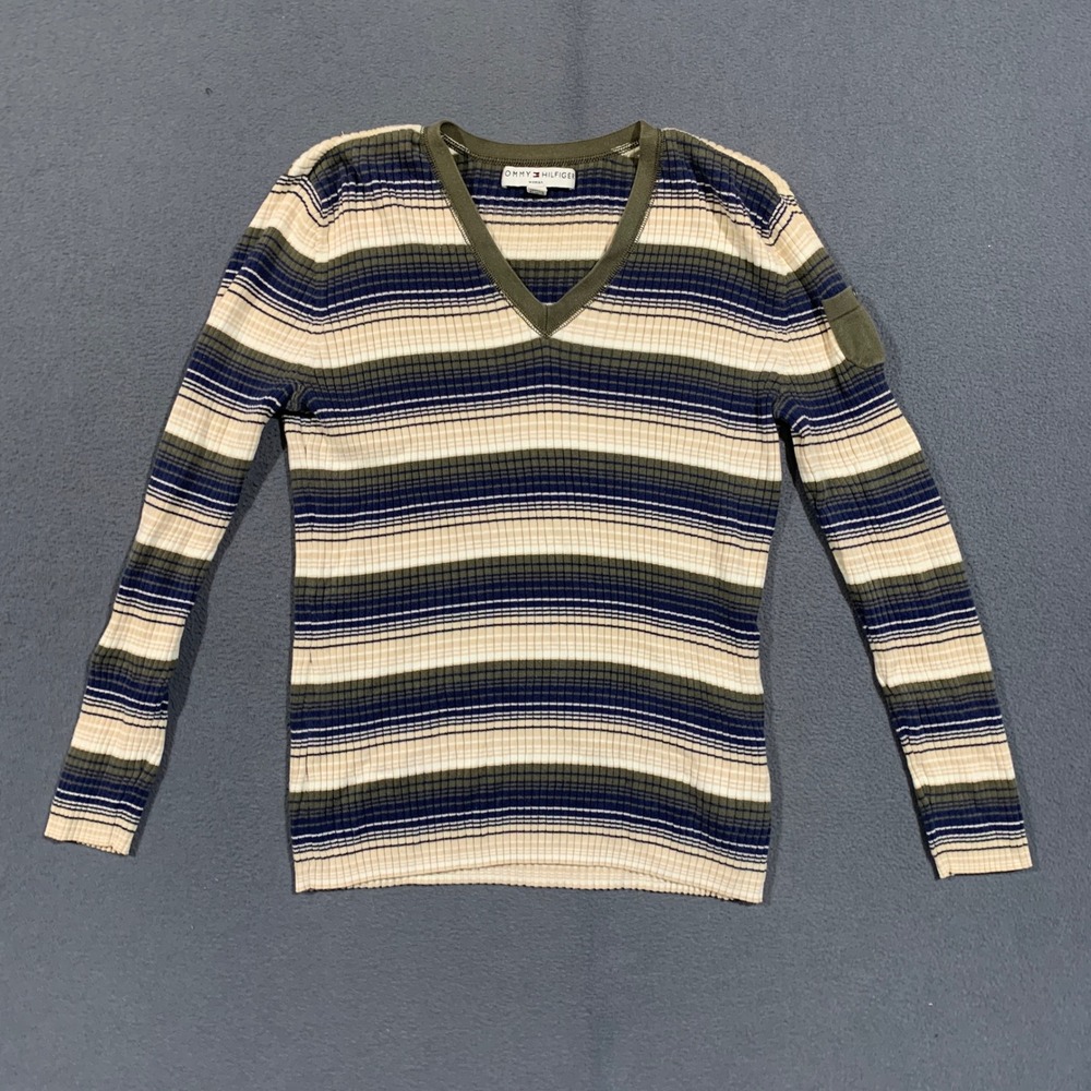 90s Tommy Hilfiger V-Neck Sweater Women 1X Striped Ribbed Cotton Long Sleeve